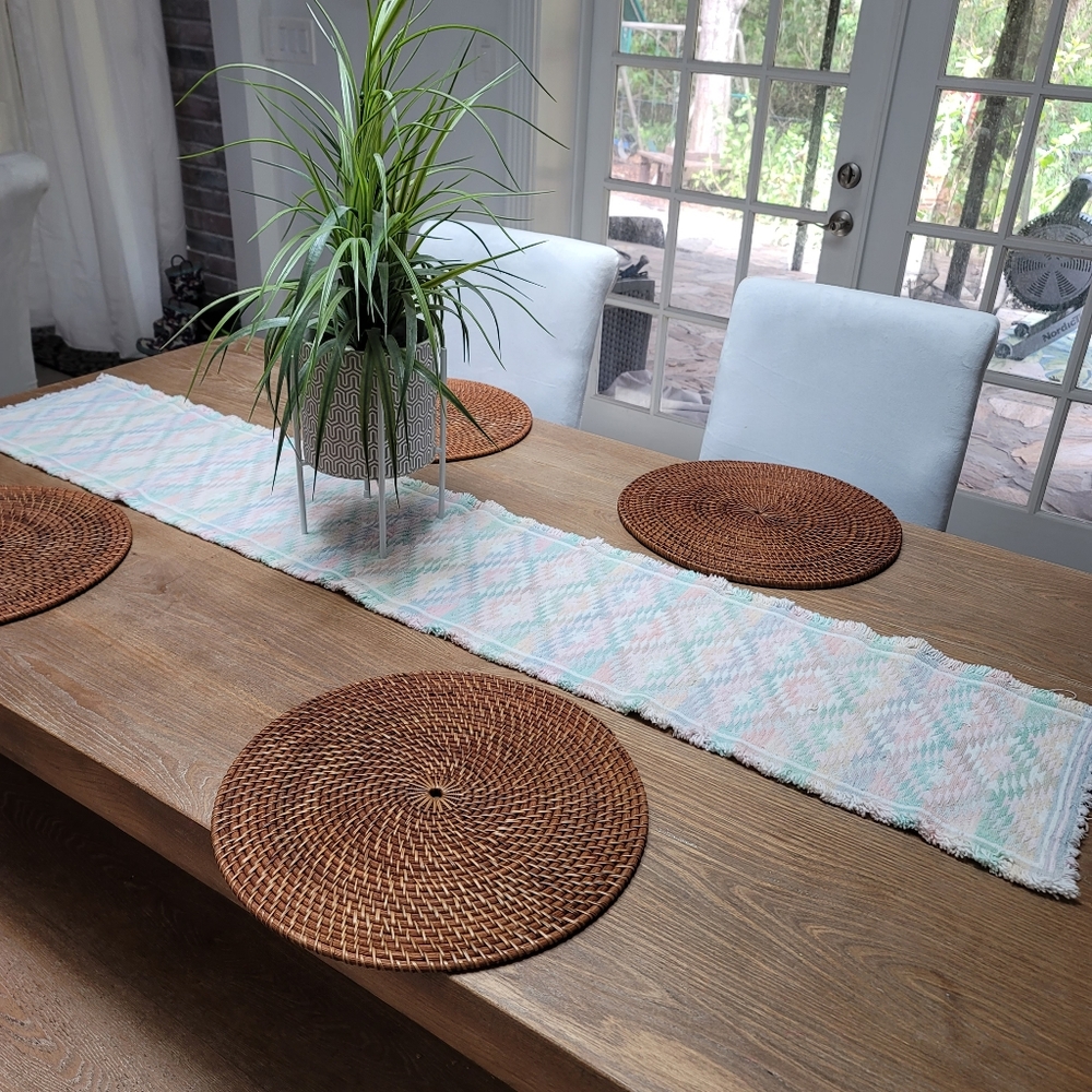 Pastel fringe geometric table runner 67"x12".